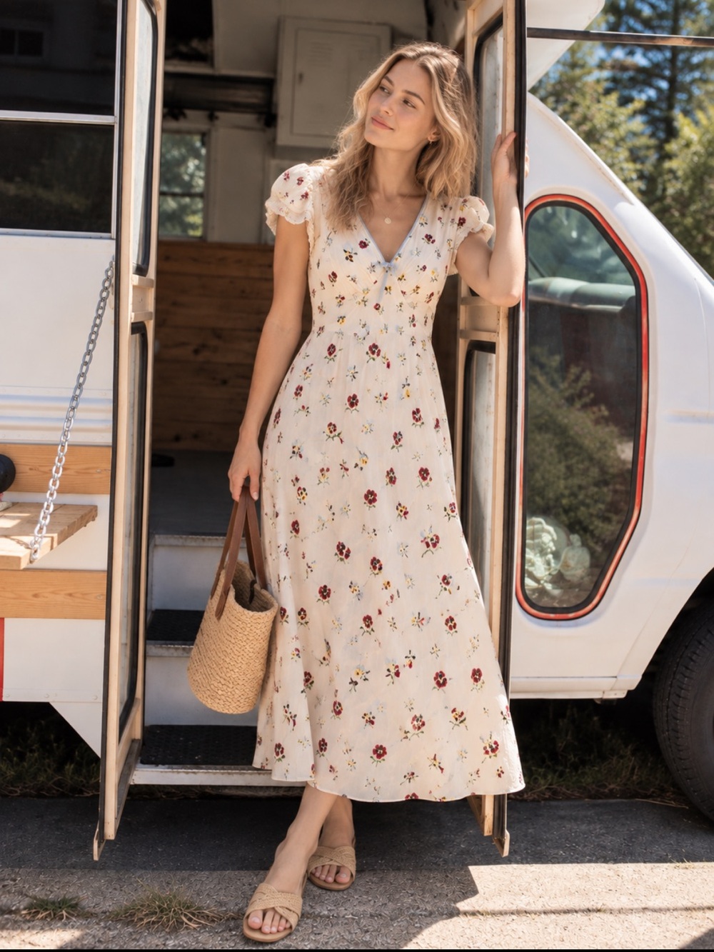 NWOT GAP Ivory Floral V-Neck Midi Dress